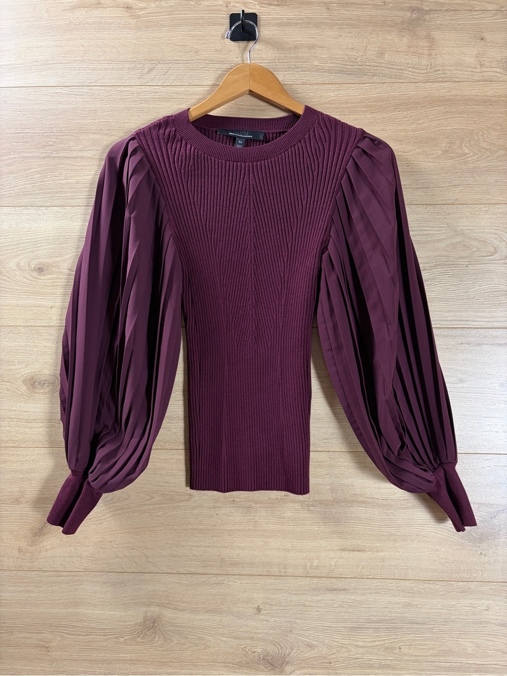 WHBM Ribbed Knit Top with Pleated Balloon Sleeves - Plum XS